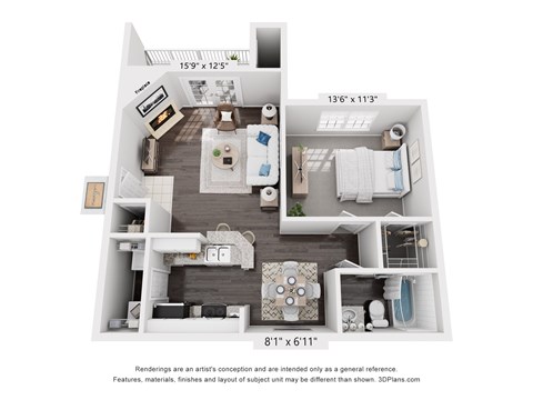 A 3D floor plan of a small apartment with a kitchen, living room, and bathroom.